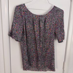 LIlly Pulitzer Size 10 100% Silk Blouse Black/White/Orange/Pink Abstract Peacock
